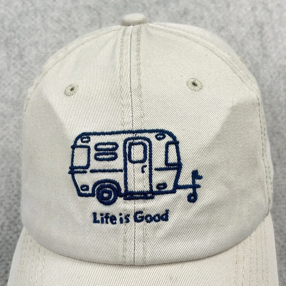 Life Is Good Hat Strap Back Baseball Cap Tan Khaki Camp Camper Adjustable Adult